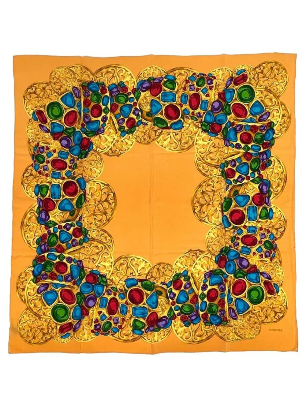 Chanel Scarf CC Logo Bijou Pattern Silk Yellow Multicolor